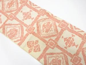 アンティーク　手織り真綿紬　格子に花鳥模様織り出し名古屋帯